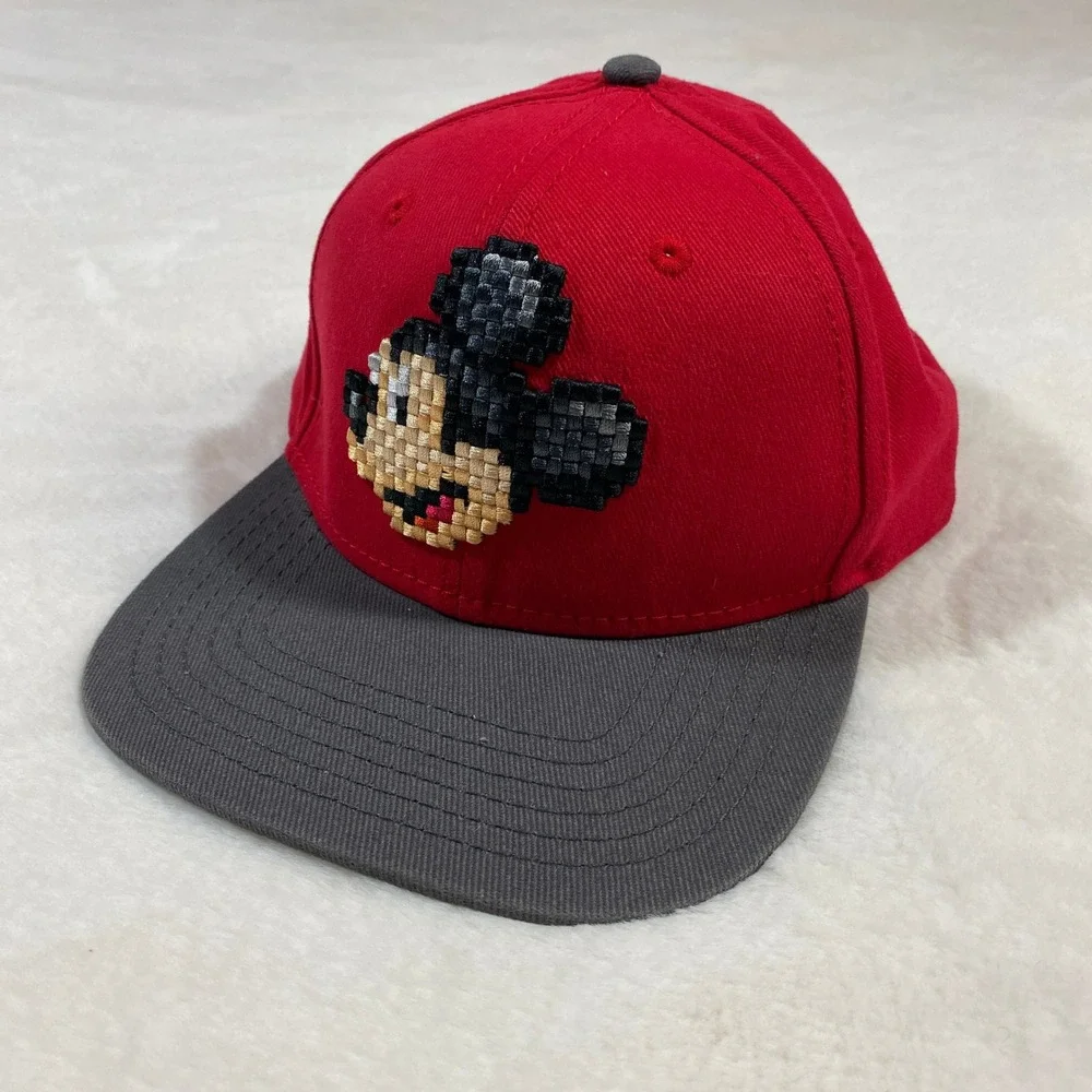 Disney Parks Mickey Mouse Pixel Art Youth Baseball Cap Hat Red Gray